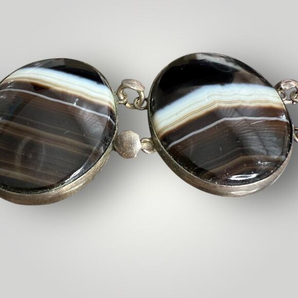 Vintage Sterling Silver Banded Agate Bracelet Oval Cabochon Stones sz 7 - Picture 5 of 9